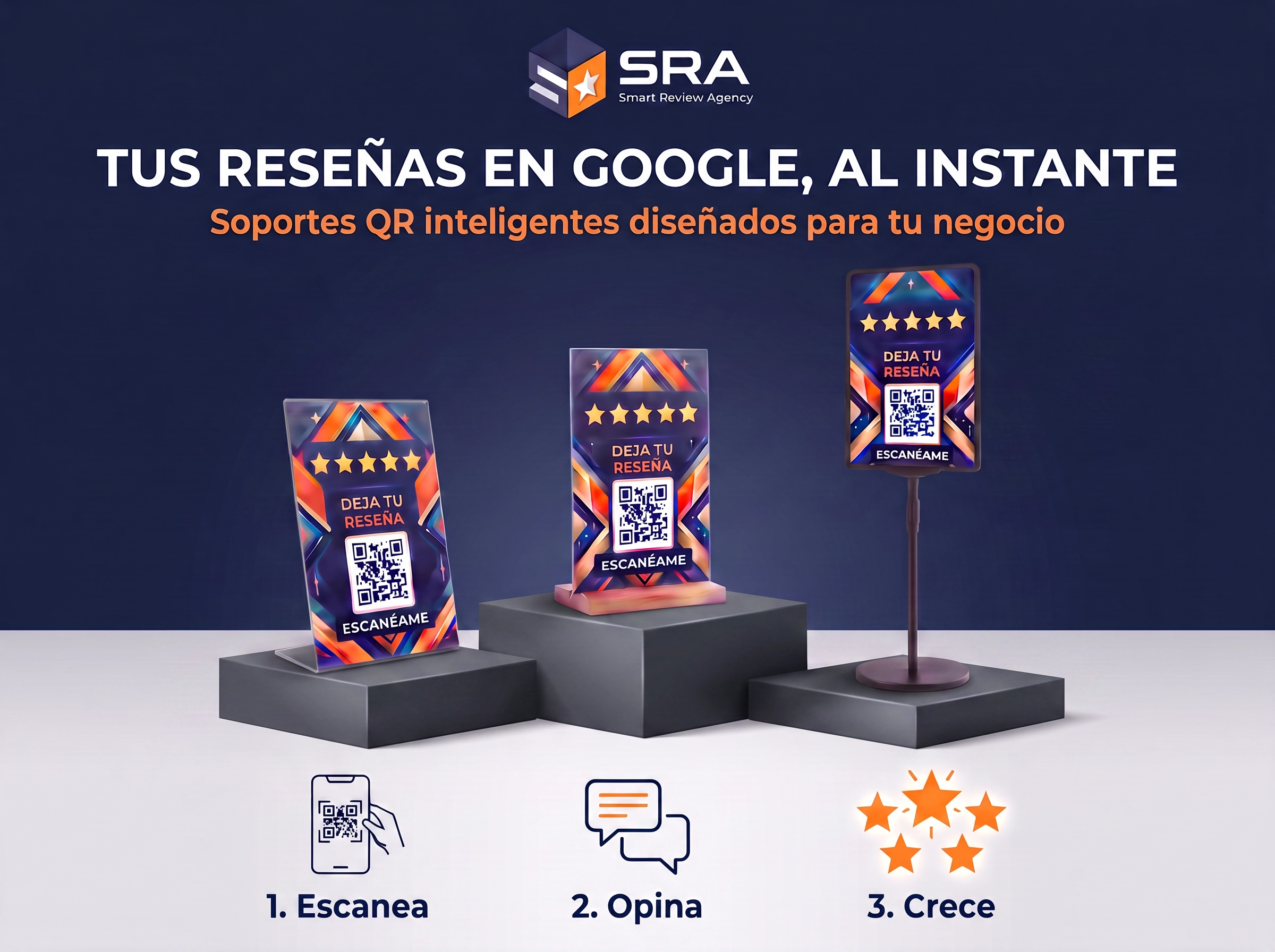 Soportes premium de Smart Review Agency sobre una mesa de restaurante